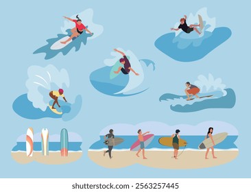 Various surfing poses. Sandy beach and surfboards. People who enjoy surfing. 