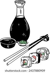 Various sushi asian food hand drawn vector set with chopsticks and soy sauce isolated on white 