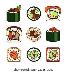 Varios doodles de sushi están aislados en un fondo blanco.