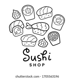 Verschiedene Sushi-Doodles, lineare, handgezeichnete Sushi-Rollen-Ikone-Set, japanisches Essen, Philadelphia, Maki und Nigiri mit Lachs, moderne Cartoon-Illustration, einzelne Vektorillustration, handgeschriebene Schrift