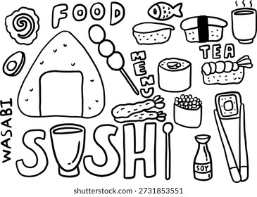 Vários esboços de desenho de sushi, incluindo onigiri, tempura, molho de soja, wasabi, chá para comida japonesa, livro de cozinha, decoração de menu, café, restaurante, receita, comida asiática, viagem, viagem, livro de colorir