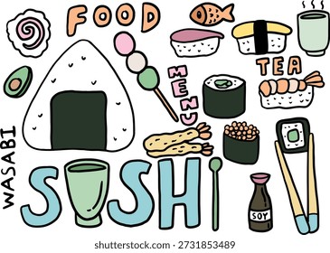 Various sushi drawing vectors including onigiri, tempura, soy sauce, wasabi, tea for Japanese food, cook book, menu decoration, cafe, restaurant, recipe, Asian foodie, trip, travel, vacation, cuisine