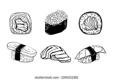 Various sushi line art doodle set isolated on a white background