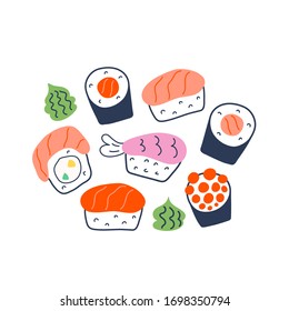 Various sushi rolls, doodle maki, philadelphia and nigiri with salmon, shrimp and caviar, collection of different rolls with green wasabi seasoning, tasty japanese food, vector illustration. 