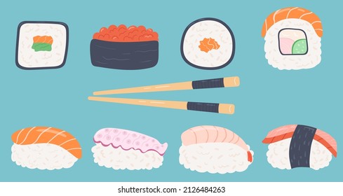 Various sushi and rolls with wood sticks. Japanese food with sea product. Isolated objects on background.