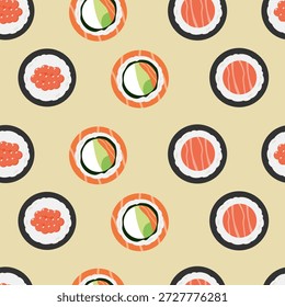 Diverso patrón de sushi sin fisuras. Ilustración vectorial de vista superior de sushi. Puede ser utilizado para el Fondo de pantalla, el papel que envuelve y la decoración de la cocina