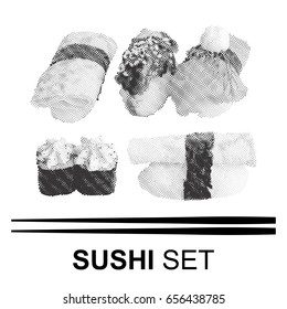 Various Sushi Set in Engraving Style Isolated on White Background. Traditional Japanese Food Vector Illustration