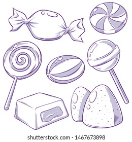 Various sweet candies doodle set, hand drawn vector illustration