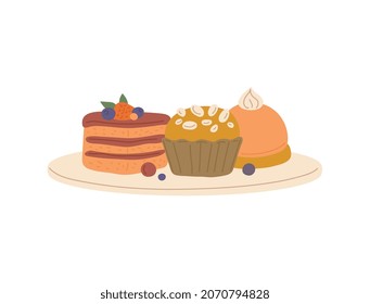 Various sweet desserts for tasty tea party. Baking, bakery and pastry products by a professional chef. Flat cartoon isolated vector illustration
