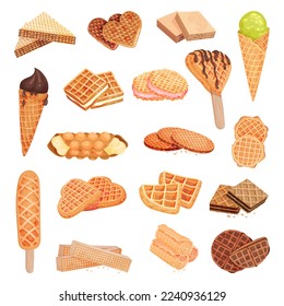 Various Sweet Waffles and Wafer as Dessert and Confectionery Big Vector Set