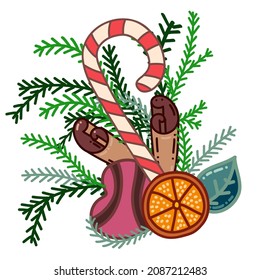 Various sweets, cookies, cane candy, branch of Christmas tree on isolated background. Christmas candy cane. Vector illustration.