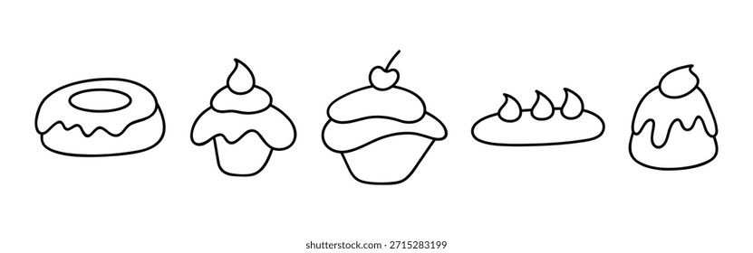 Vários doces, sobremesa, bolo, donut, desenhado à mão, isolado em um fundo branco, ilustração vetorial. Ilustração gráfica em preto e branco de doces em estilo doodle. Um conjunto de ícones de linha 
