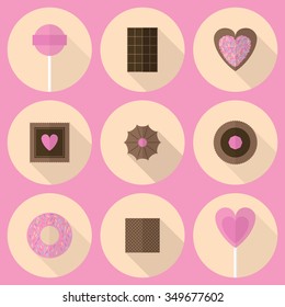 Various sweets flat icon set in pink and brown tones