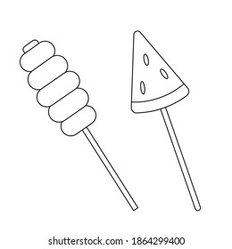 Diversos dulces para las vacaciones y todos los días. Lollipop en forma de trozo de sandía y forma abstracta
