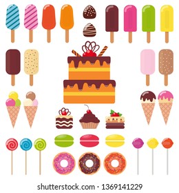 Various sweets, icon set. Ice cream, cake, cake, donut macaroon Lollipop candy chocolate Vector flat illustration