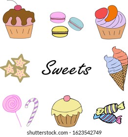 Various sweets on a white background, collection. Macaroons, ice cream, cakes, cookies, candy.