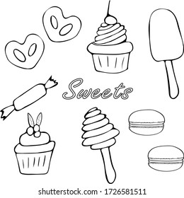 Varios dulces con fondo blanco. Objetos aislados. Vector. Para postales, impresiones, sitios web y portadas.