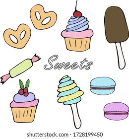 Varios dulces con fondo blanco. Establecer. Pasteles, helados, dulces, galletas. Aislado. Para diseño, sitio, pegatina, afiche.