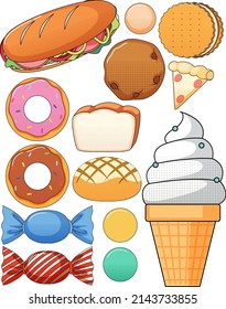 Varios dulces sobre la ilustración de fondo blanco