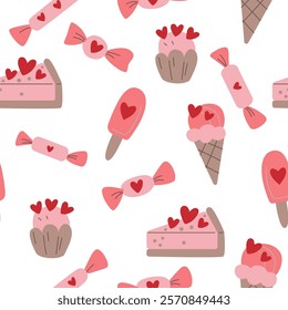 Various sweets in soft tones, arranged on a white background. A seamless pattern featuring, ideal for decor and textile design. Graphic pattern for fabric, wallpaper, packaging.
