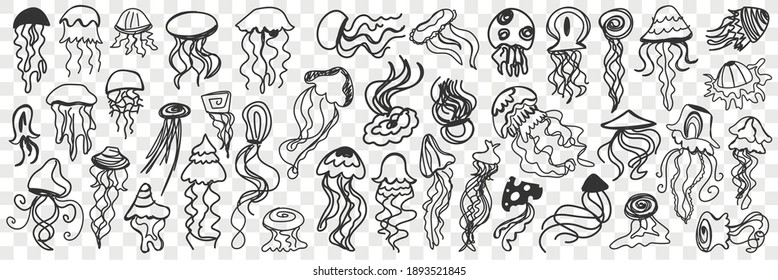 Various swimming jellyfish doodle set