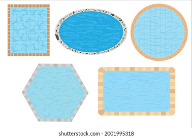 Various swimming pool vectors with different designs. The edge of the pool, rocks and sand