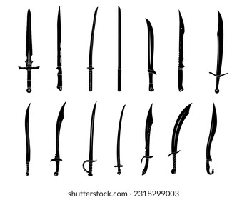 Diversas espadas en el mundo, Diseño vectorial de Ilustración, blanco y negro, silueta, dibujo a mano