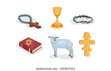 Various Symbols Of Christian And Jewish Religions Vector Illustration Set Isolated On White Background
