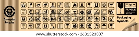 Various symbols for Corrugated Box Packaging and warning symbols set, fragile package warning signs for your logistic.