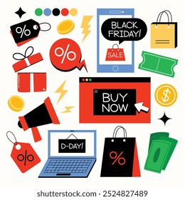 Various symbols and icons related to online shopping and sales, including discount tags, Black Friday sales, a megaphone, money, shopping bags, and a "Buy Now" button