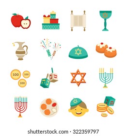 Various symbols and items of hanukkah celebration flat icons set isolated vector illustration