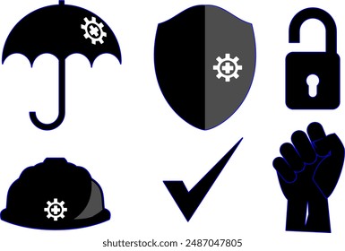 Various symbols or objects that symbolize protection like shield, umbrella, padlocks, fist, helmet and tick mark