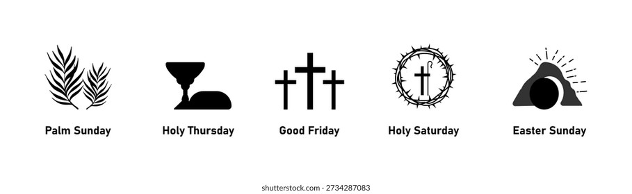 Verschiedene Symbole stellen die bedeutsamen Tage der Karwoche dar, darunter Palmsonntag, Karfreitag, Karsamstag und Ostersonntag, was eine Schlüsselperiode im christlichen Kalender markiert. Vektorgrafik