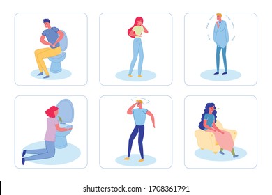 Various Symptoms Food Poisoning, Illustration. Recognition Disease by Diarrhea, Severe Nausea, Chills, Repeated Vomiting, Dizziness and Fever. Man on Toilet, Girl Clings to Stomach and Cover her Mouth