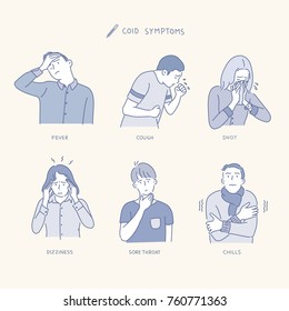 Various symptoms of people suffering from colds. hand drawn illustrations. vector doodle design 