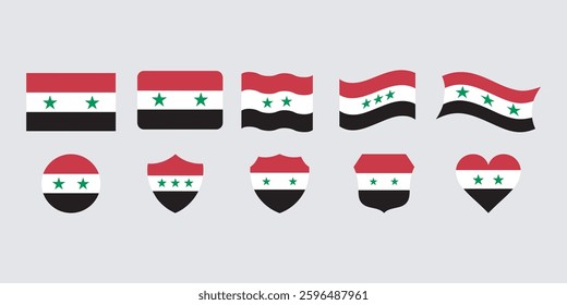 Various Syrian Flag Designs on a Light Gray Background, flags of countries, Syria flag in design shape set, syria national flag vector set