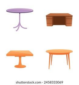Various table icons set cartoon vector. Table of different shape and material. Home decor, furniture