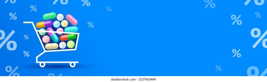 Various tablets and pills are stacked in shopping cart, percent signs are around. Buying of medicines, discounts and promotions in pharmacy. Horizontal banner with place for your text and design