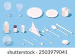 Various tableware and utensils on a blue background. Vector illustration