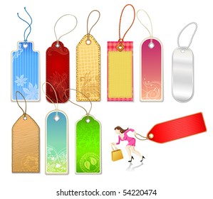 Various Tags and Businesswoman Figure