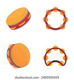 Various tambourine icons set cartoon vector. Ethnic wooden tambourine. Percussion musical instrument