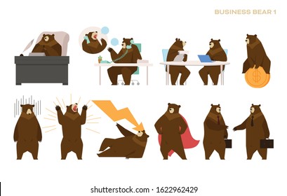 Various tasks of business bears. Anthropomorphic character. flat design style minimal vector illustration.