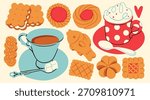 Various tasty crispy Cookies. Different biscuits, shortbread cookies, coffee mug with whipped cream, tea cup, sugar cubes, spoon. Bakery, dessert, sweets concept. Hand drawn Vector illustration