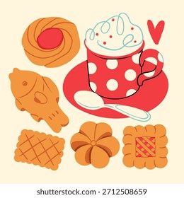 Vários saborosos biscoitos crocantes. Biscoitos diferentes, biscoitos curtos, caneca de café com creme de espuma, colher. Padaria, sobremesa, doces conceito. Ilustração de vetor desenhada à mão