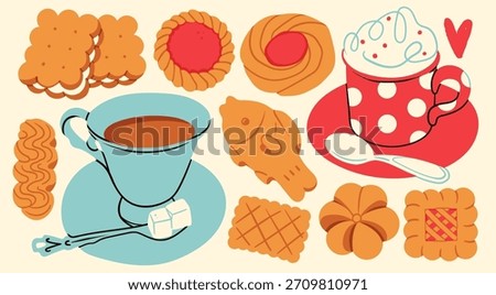 Various tasty crispy Cookies. Different biscuits, shortbread cookies, coffee mug with whipped cream, tea cup, sugar cubes, spoon. Bakery, dessert, sweets concept. Hand drawn Vector illustration