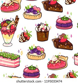 Various tasty desserts. Hand drawn colored vector seamless pattern
