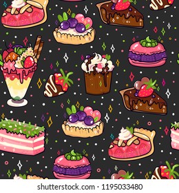 Various tasty desserts. Hand drawn colored vector seamless pattern. Black background