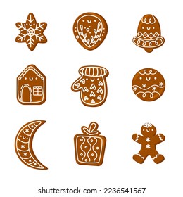 Various tasty gingerbread cookies. Different shapes of sweets. Vector illustration