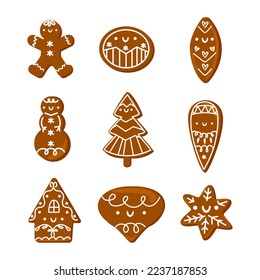 Various tasty gingerbread cookies. Different shapes of sweets. Vector illustration