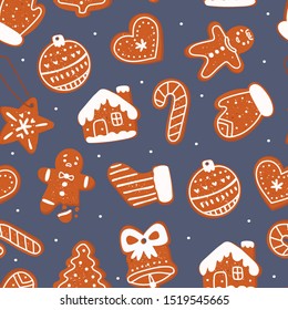 Various tasty gingerbread cookies. Hand drawn colored vector seamless pattern. Holiday trendy illustration. Different shapes of sweets. Christmas winter mood. Cartoon style. Flat design